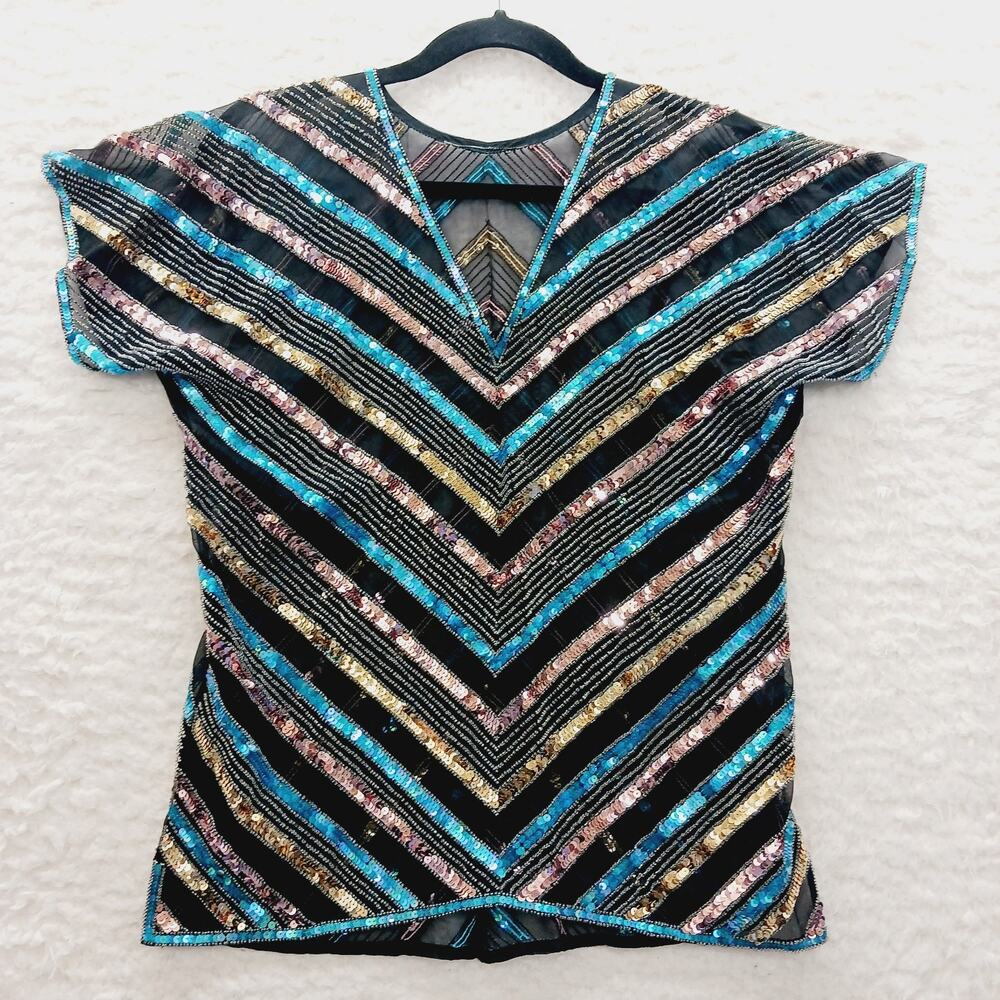 Blouse Top Glam Luxe Sequins Y2K Alt Girl Maximal Ornate Mob Wife Shiny Size M-L
